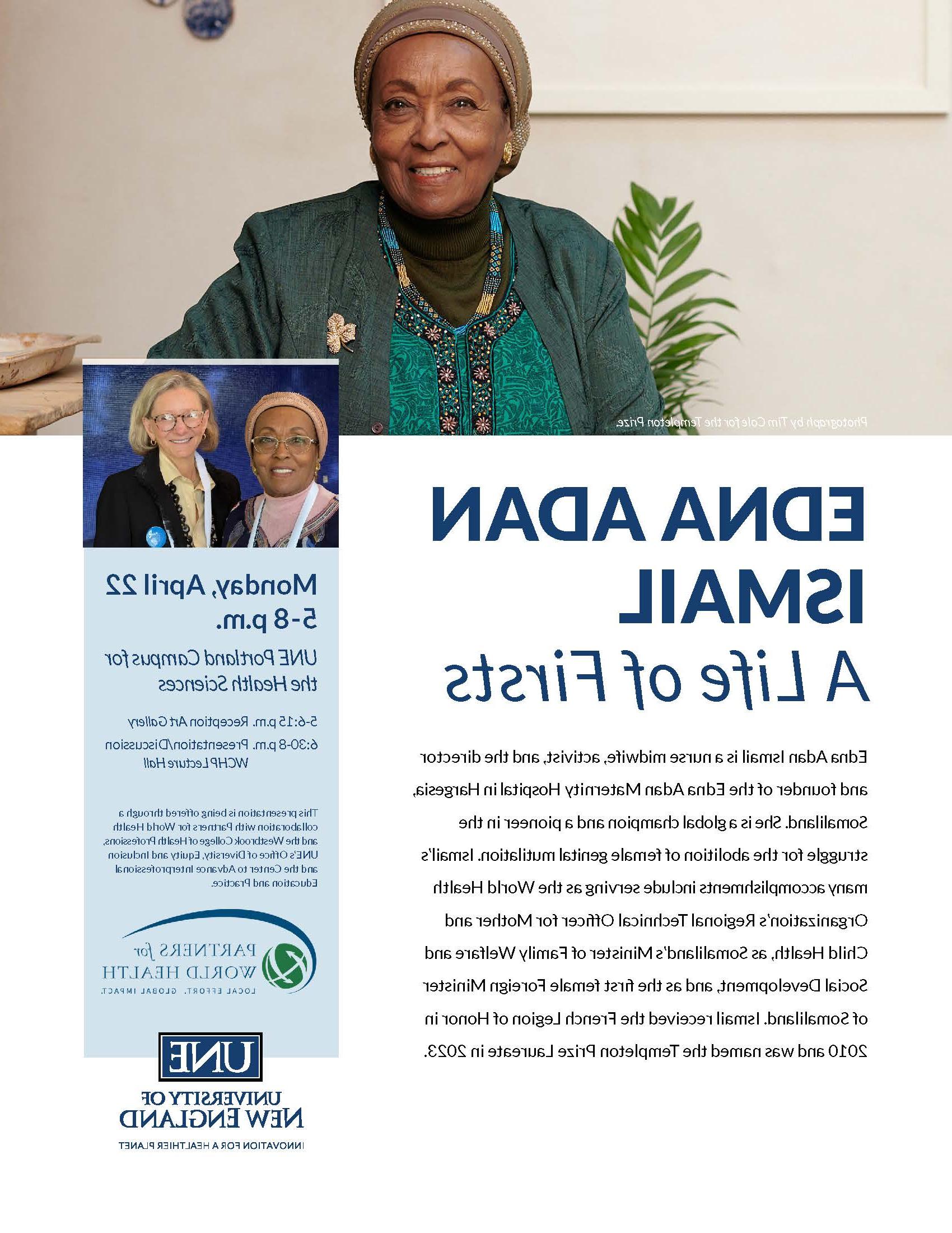poster for Edna Adan Ismail A life of Firsts event